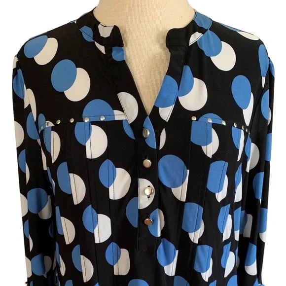 COCOMO Large Black blue white 3/4 sleeve studded women's Pintuck Blouse shirt - Picture 11 of 16